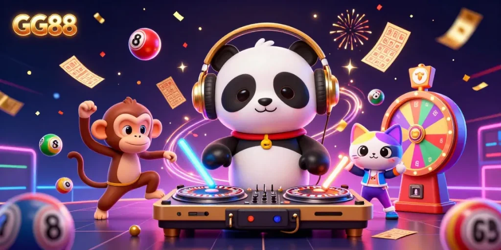 Engage with the vibrant world of GG88 as the DJ panda spins roulette wheels while surrounded by lively lottery elements.
