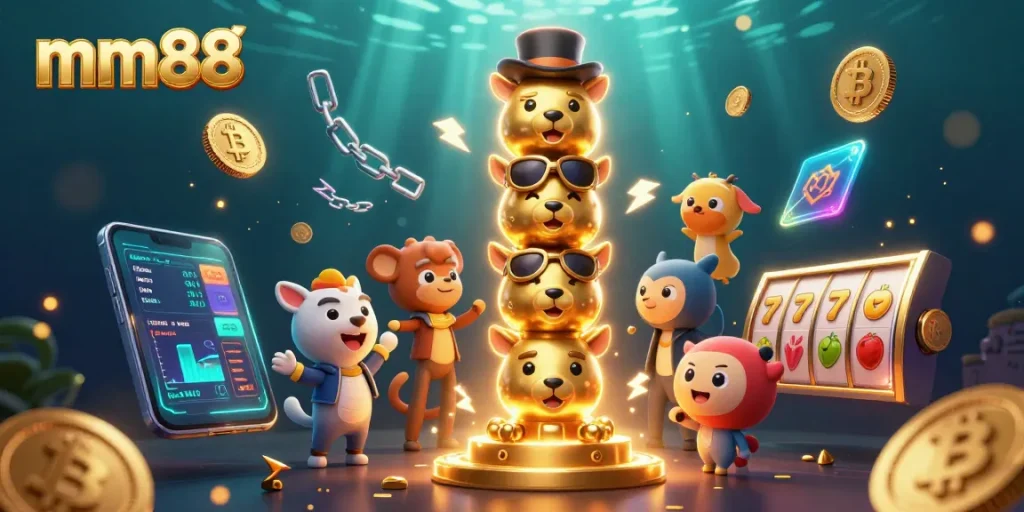 Play exciting casino games at mm88 with vibrant 3D illustrations of golden totems and crypto elements.
