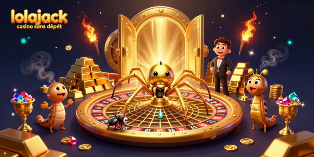Engaging 3D scene of lolajack casino sans dépôt showcasing a golden roulette wheel web with characters.