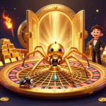 Engaging 3D scene of lolajack casino sans dépôt showcasing a golden roulette wheel web with characters.