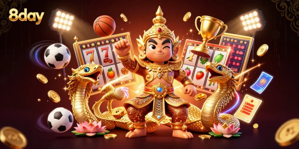 Play with 8day's exciting slot machines surrounded by thrilling casino elements and vibrant energy.