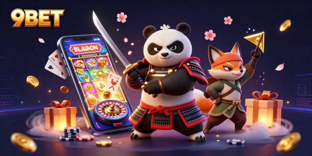 Experience thrilling gaming at 9BET with vibrant characters, slot games, and casino action.