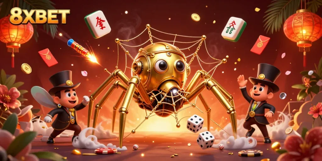 Engage in thrilling gameplay at 8XBET, where steampunk characters interact amidst vibrant casino elements.