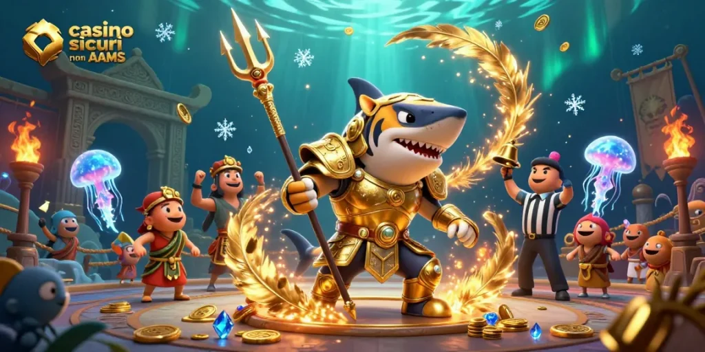 Gioco entusiasmante nei casino sicuri non AAMS con un potente squalo in armatura dorata e monete d'oro.