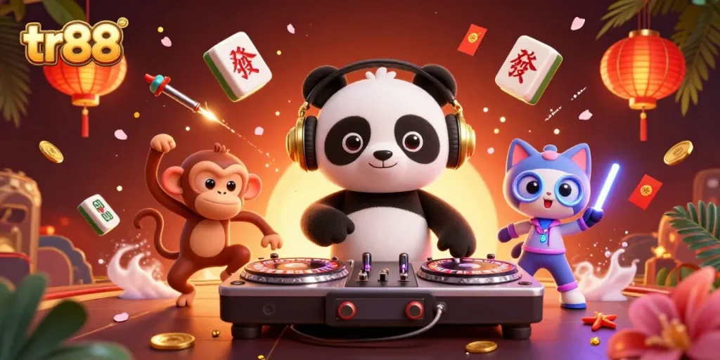 Experience the thrilling fun at tr88, featuring a lively DJ panda, dancing monkey, and rave kitten alongside dynamic casino elements.
