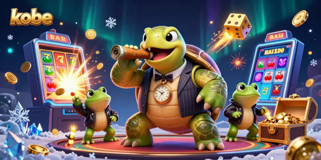 Kobe invites players to spin the slot and win jackpots with a snapping turtle mobster scene.