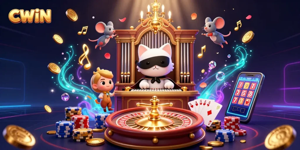 CWIN showcases unique games with mystical charm, featuring stunning illustrations of casino activity.