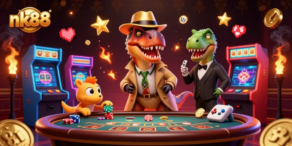 Experience thrilling gaming with nk88 as a velociraptor card counter and friends interact at the casino.