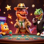 Experience thrilling gaming with nk88 as a velociraptor card counter and friends interact at the casino.