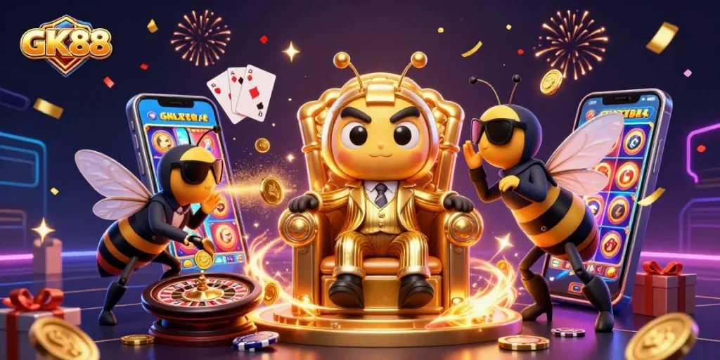 GK88 casino scene with a bumblebee mob boss, wasp guards, and festive elements