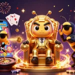 GK88 casino scene with a bumblebee mob boss, wasp guards, and festive elements