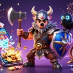 Engaging red888 gaming scene with a Viking wolf warrior and playful dragon amidst slot games and casino elements.