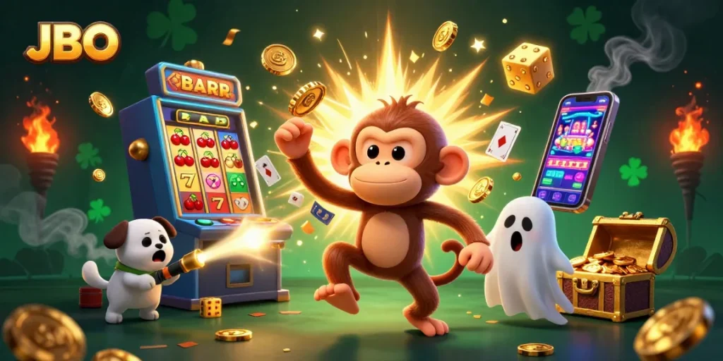 Experience the thrill of JBO as you win big with dynamic gaming elements and characters in a vibrant casino scene.