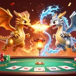 Experience thrilling gameplay with gg88 as twin dragons create an epic scene amidst poker and casino elements.