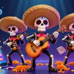 Bosjoko showcases a vibrant 3D skeleton mariachi band surrounded by colorful slot game elements, coins, and cards.