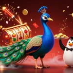 Permainan zeus slot yang menampilkan merak megah dan karakter kasino memikat dengan elemen keberuntungan.