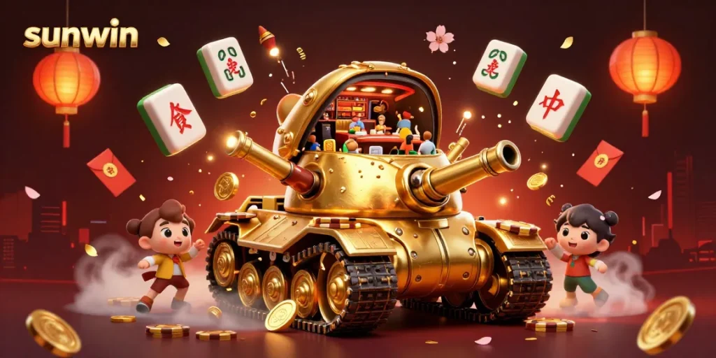 Engage with sunwin's vibrant casino experience featuring a golden beetle tank revealing a miniature gaming paradise.