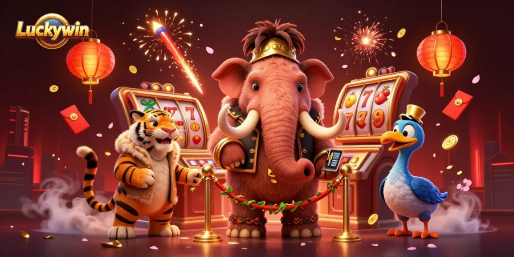 Experience Luckywin with a vibrant casino scene featuring a mammoth bouncer, lucky charms, and festive decor.