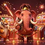 Experience Luckywin with a vibrant casino scene featuring a mammoth bouncer, lucky charms, and festive decor.