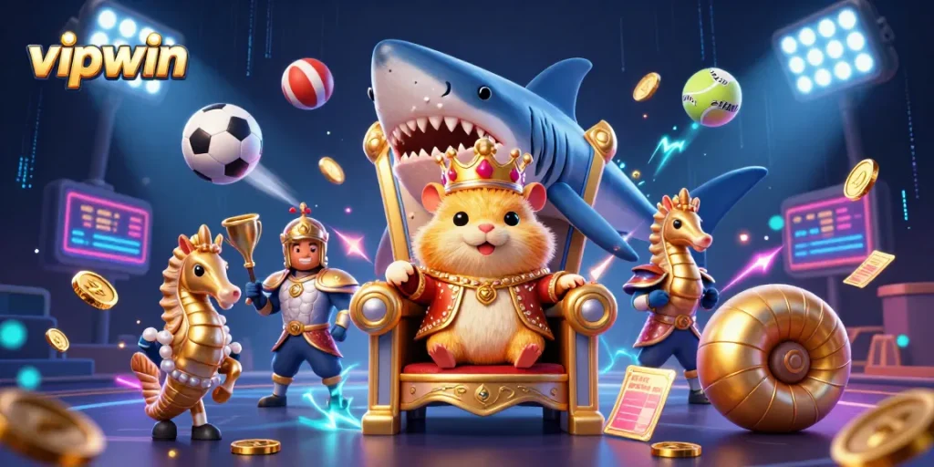 Win big at vipwin with our vibrant 3D casino scene featuring a hamster king and sports elements.