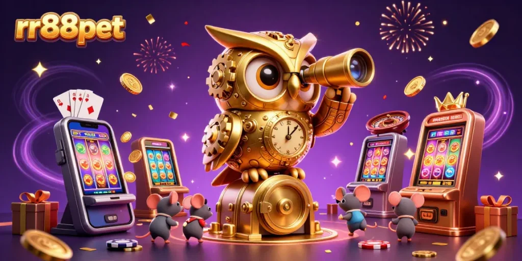 Engage with rr88pet's vibrant casino scene featuring a golden owl and lucky coins.