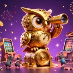 Engage with rr88pet's vibrant casino scene featuring a golden owl and lucky coins.