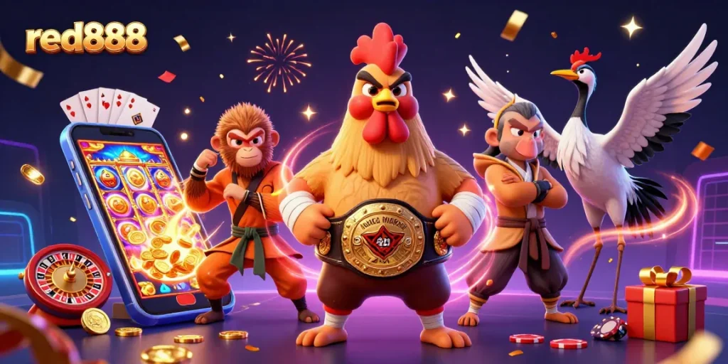 Engage with the vibrant red888 casino scene featuring exciting games and characters in an animated atmosphere.