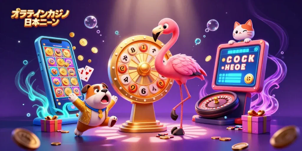 オンラインカジノ 日本語の楽しさを伝える、スロットやゲーム要素に満ちたカラフルなイラスト