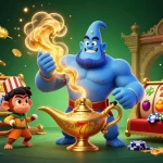 Experience thrilling wins with slot bet 200 in this vibrant 3D casino illustration showcasing a genie and vibrant casino elements.