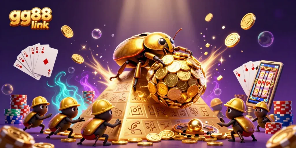 Experience exciting gambling adventures with the gg88 link featuring a golden dung beetle amid dynamic casino symbols.