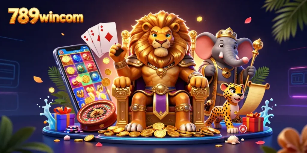 Experience thrilling wins at 789wincom with a dynamic casino scene showcasing vibrant slot games and majestic characters.