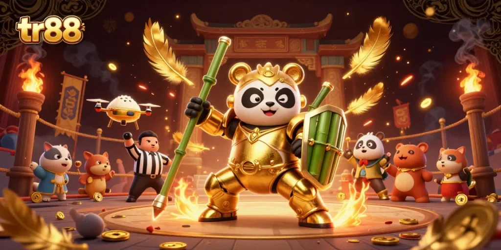 Engage in thrilling gameplay at tr88 with a Golden Panda and dynamic robot battle scene.