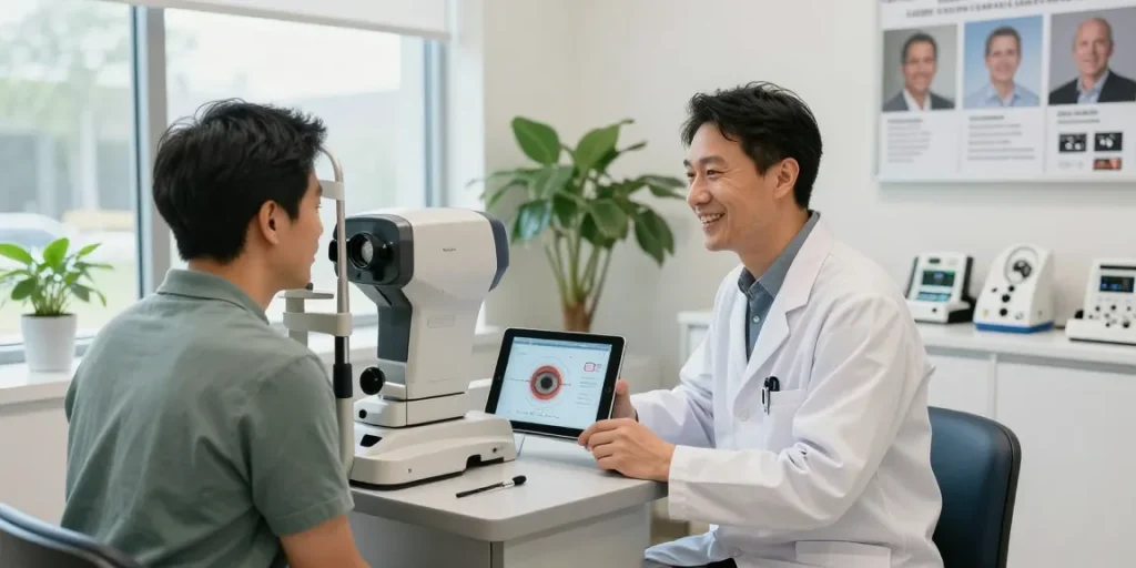 Consultation about lasik in denver at the eye clinic with optometrist and patient.