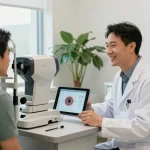 Consultation about lasik in denver at the eye clinic with optometrist and patient.
