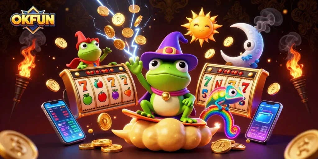 Spin to win with OKFUN in this vibrant, action-packed online casino scene!