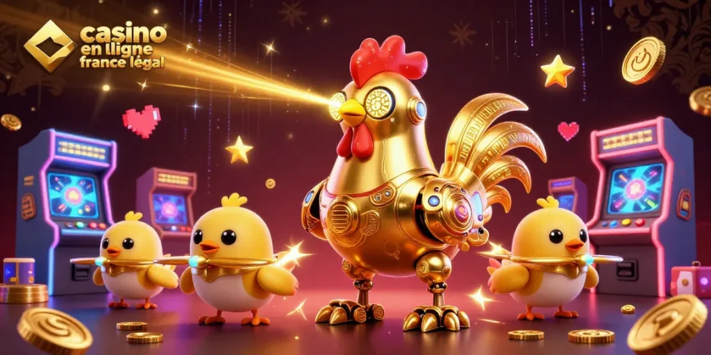 Casino en ligne France légal : illustration dynamique avec un coq robot et des drones, entourés de machines de jeu colorées.