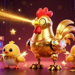 Casino en ligne France légal : illustration dynamique avec un coq robot et des drones, entourés de machines de jeu colorées.