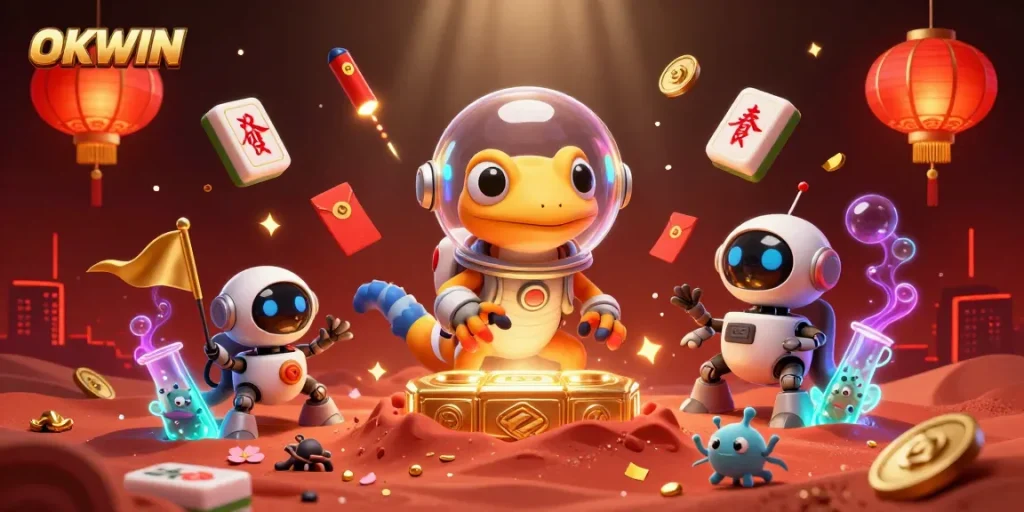 OKWIN players enjoy discovering treasures in a vibrant, lively Martian casino scene.