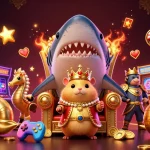uu88 features a golden hamster king with seahorse guards in a vibrant 3D casino universe.