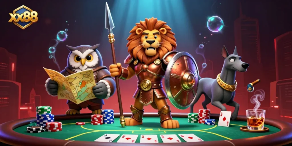 xx88 players strategizing with cards at a vibrant poker table, showcasing thrilling gambling action.