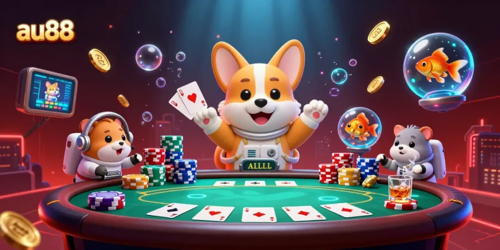 Experience thrilling gameplay at au88 with a vibrant casino scene featuring floating poker chips and characters.