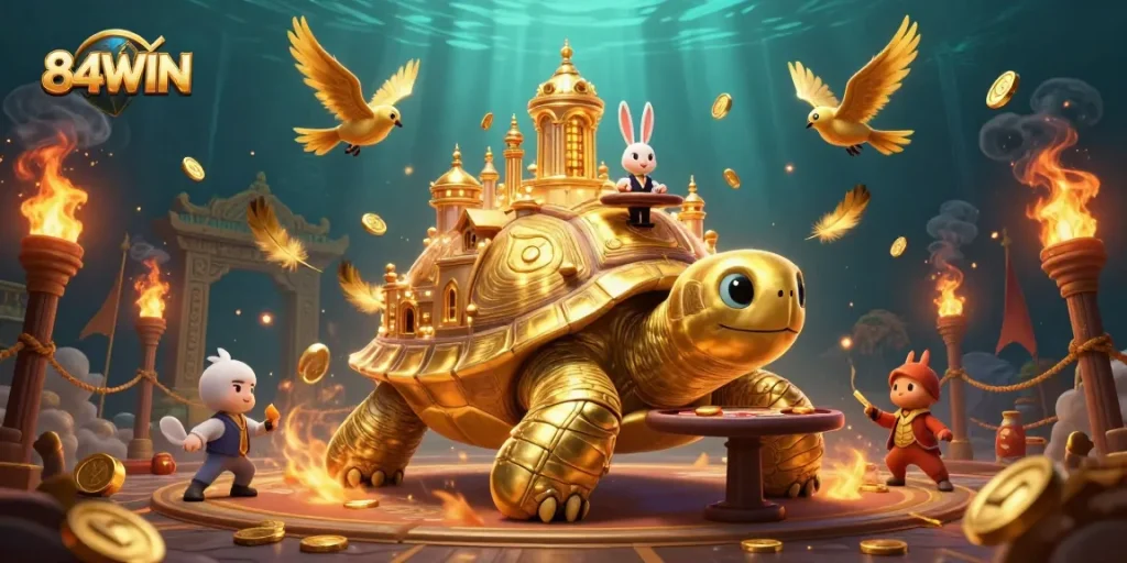 Experience vibrant action at 84WIN's lively casino with a golden tortoise and rabbit dealer.