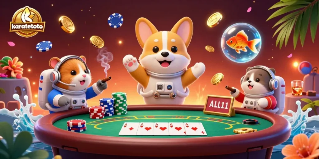Karatetoto captivates with a 3D illustration showcasing a floating corgi in a casino, immersive slot gameplay experience.