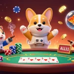Karatetoto captivates with a 3D illustration showcasing a floating corgi in a casino, immersive slot gameplay experience.