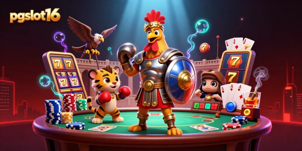 Engage with pgslot16 in an epic casino illustration featuring a gladiator rooster and a tiger sparring.