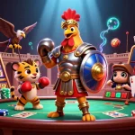 Engage with pgslot16 in an epic casino illustration featuring a gladiator rooster and a tiger sparring.