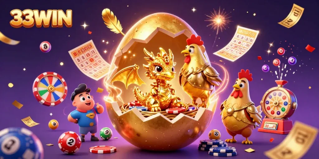 Experience winning at 33WIN with a dynamic scene featuring a gold dragon, poker chips, and vibrant gaming elements.