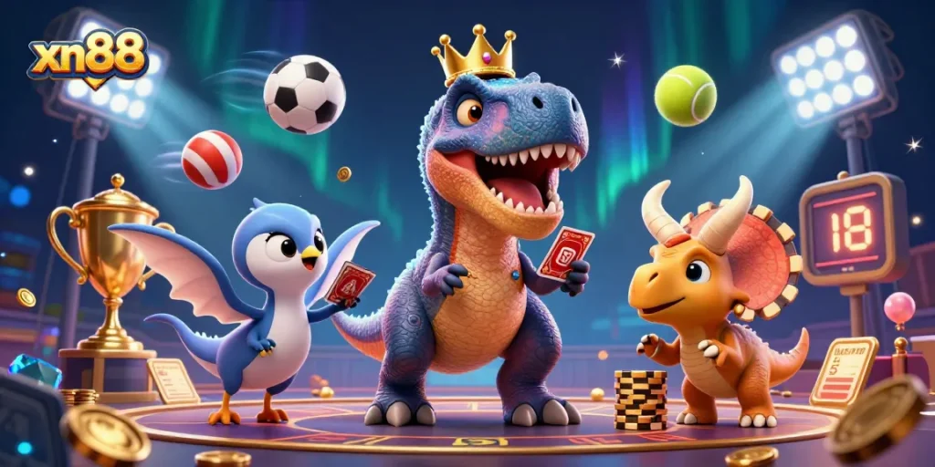 Experience thrilling gameplay at xn88 with an exciting casino illustration featuring friendly dinosaurs.