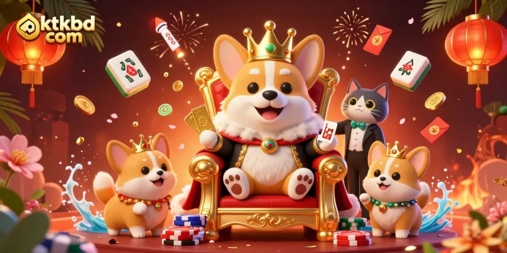 Experience splendid gaming with oktkbd com featuring a royal corgi, poker chips, and festive elements.