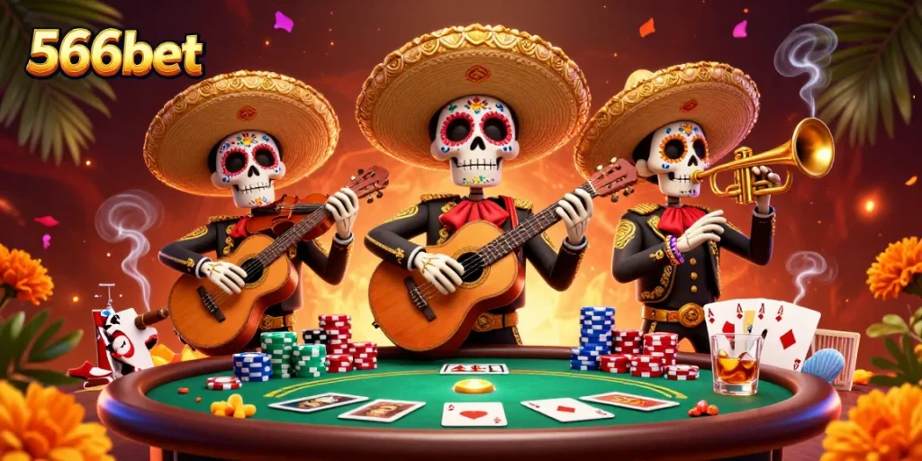 Experience the excitement of 566bet with vibrant mariachi characters and poker elements in a lively casino scene.